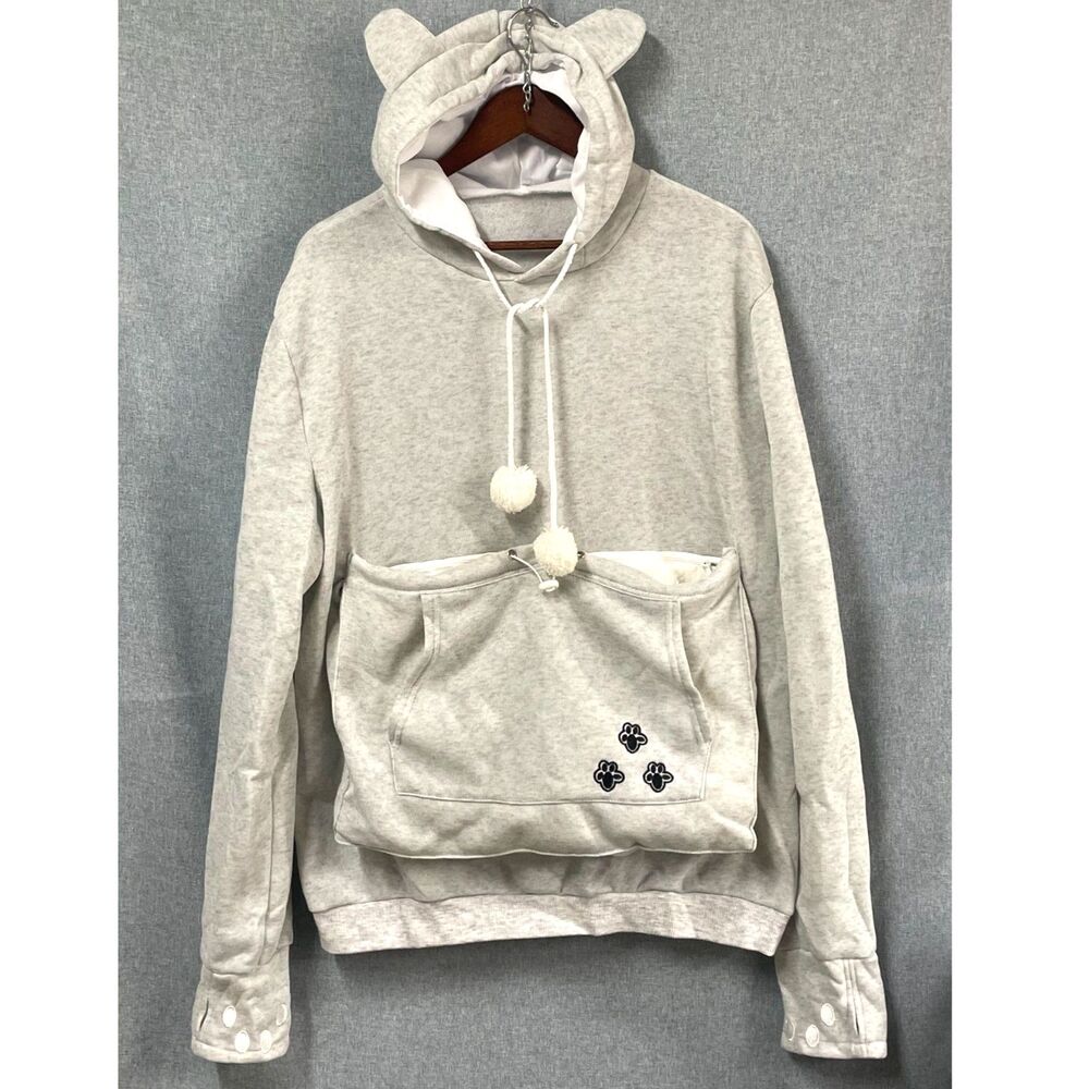 XXL Cat Ear Hoodie Pet Pouch Gray Paw Print Thumbholes Removable Fleece